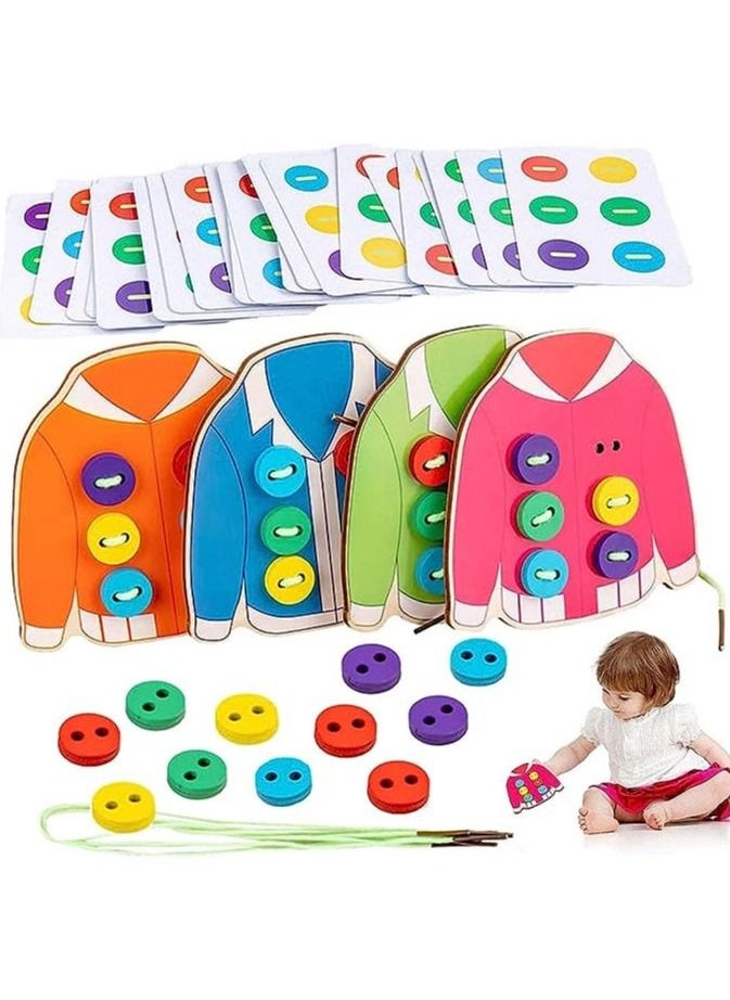 Wooden Clothes Lacing Toys,Sewing Button Card Game,Wooden Toys for Enhance Color Perception, Hands-on Ability, Preschool Early Development Educational Toy Kids Age 3-5 Years