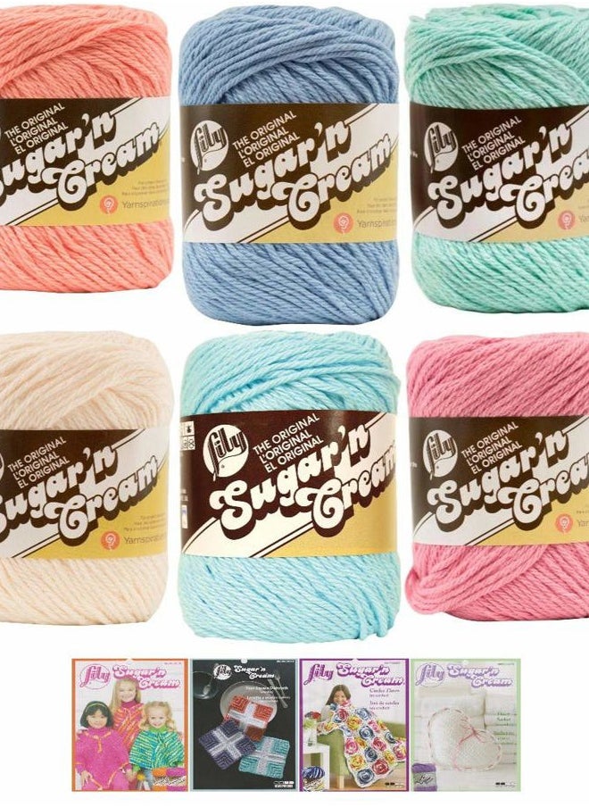 Lily Sugar n' Cream Variety Assortment 6 Pack Bundle 100% Cotton Medium 4 Worsted with 4 Patterns (Asst 62)