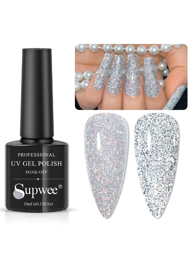 Supwee 10ml Reflective Glitter Gel Nail Polish Saprkling Coloful Diamond Nail Gel Shiny Gel Polish Soak Off UV Gel (Silver)