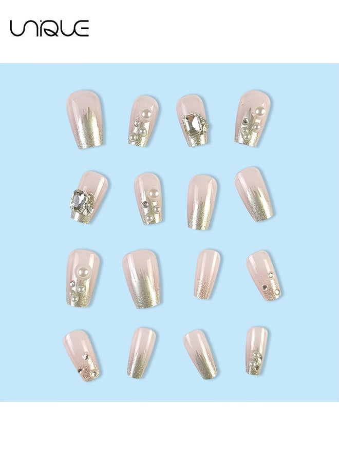 24Pcs Fake Nails, Press Nails, Mid-Mid-length Ballet Manicure - Diamond & Pearl Manicure - Shiny Diamond Fake Nails - Fake Nail Patch