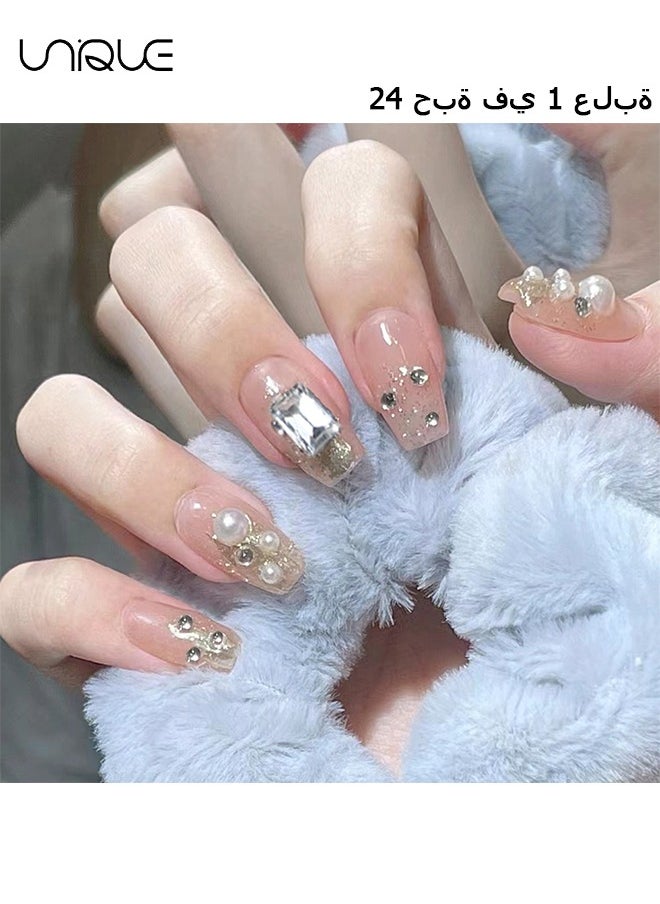 24Pcs Fake Nails, Press Nails, Mid-Mid-length Ballet Manicure - Diamond & Pearl Manicure - Shiny Diamond Fake Nails - Fake Nail Patch