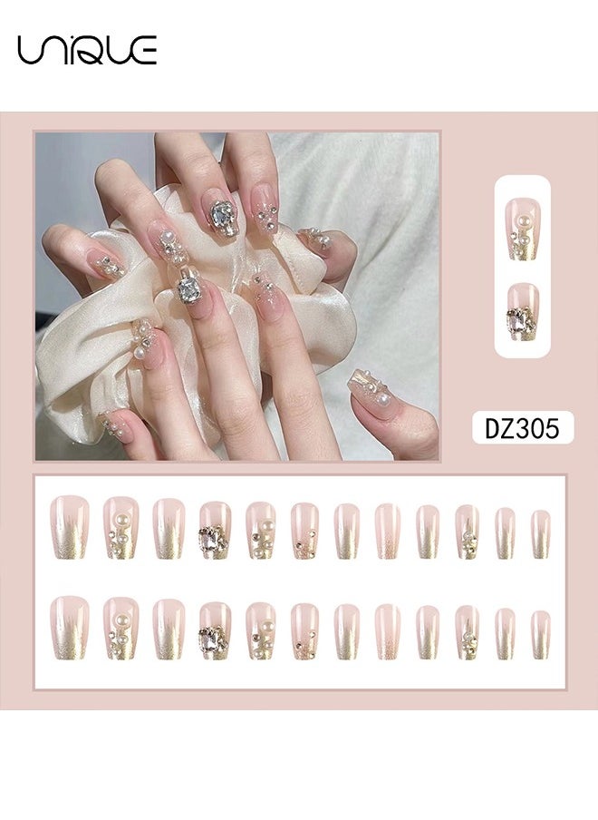 24Pcs Fake Nails, Press Nails, Mid-Mid-length Ballet Manicure - Diamond & Pearl Manicure - Shiny Diamond Fake Nails - Fake Nail Patch