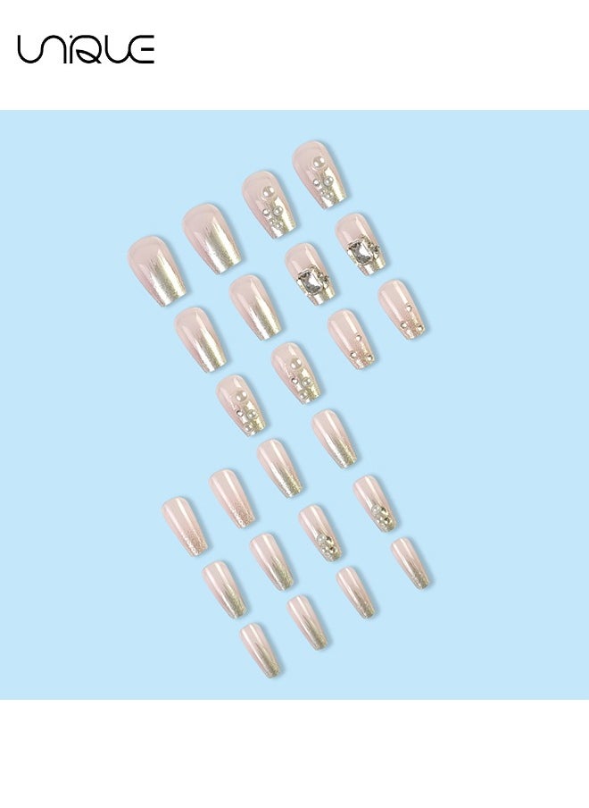 24Pcs Fake Nails, Press Nails, Mid-Mid-length Ballet Manicure - Diamond & Pearl Manicure - Shiny Diamond Fake Nails - Fake Nail Patch