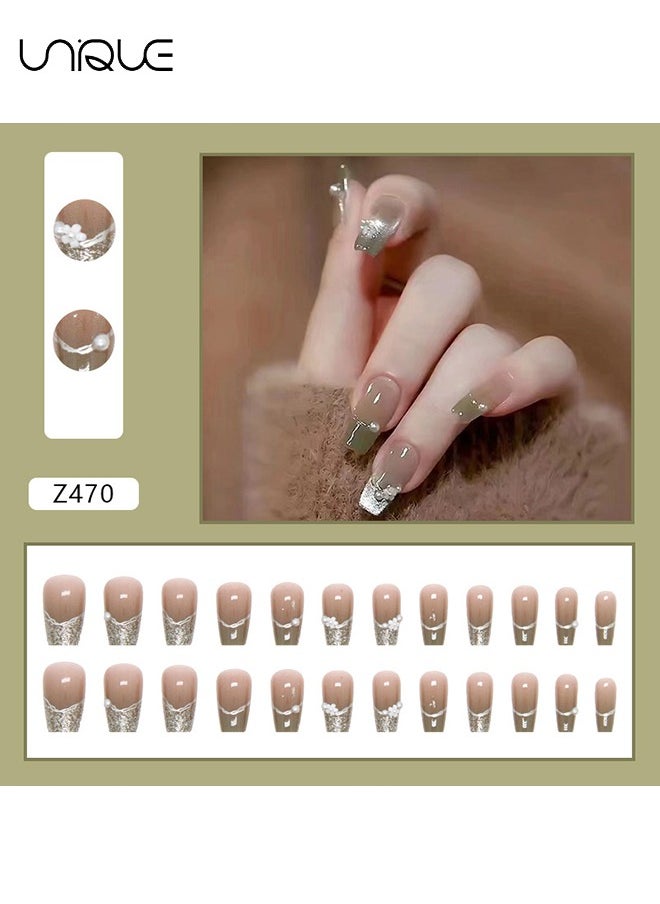 24Pcs Fake Nails, Press Nails, Mid-Mid-length Ballet Manicure - Sheer Gradient Green Manicure - Shiny Pearl Manicure - Fake Nail Patch