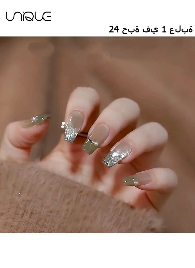 24Pcs Fake Nails, Press Nails, Mid-Mid-length Ballet Manicure - Sheer Gradient Green Manicure - Shiny Pearl Manicure - Fake Nail Patch