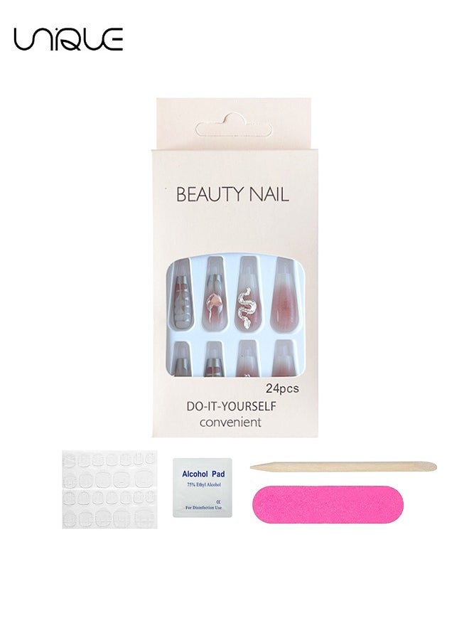 24Pcs Fake Nails, Press Nails, Mid-Mid-length Ballet Manicure - Pink and white smudge manicure - Silver Serpentine Manicure - Fake Nail Patch