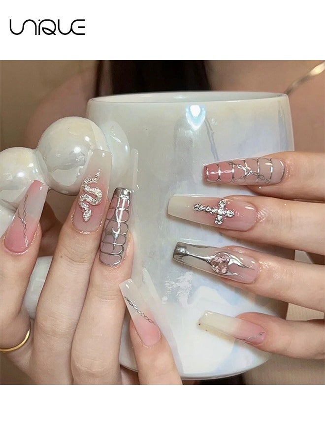 24Pcs Fake Nails, Press Nails, Mid-Mid-length Ballet Manicure - Pink and white smudge manicure - Silver Serpentine Manicure - Fake Nail Patch