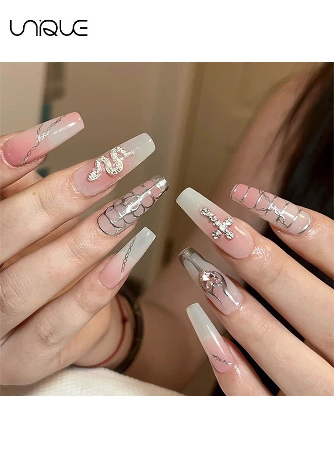 24Pcs Fake Nails, Press Nails, Mid-Mid-length Ballet Manicure - Pink and white smudge manicure - Silver Serpentine Manicure - Fake Nail Patch