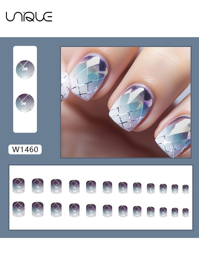 24Pcs Fake Nails, Press Nails, Short Aurora Manicure - Purple & Blue Plaid Nail Art - Fake Nail Patch