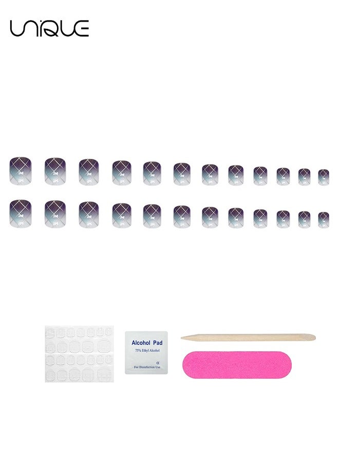 24Pcs Fake Nails, Press Nails, Short Aurora Manicure - Purple & Blue Plaid Nail Art - Fake Nail Patch