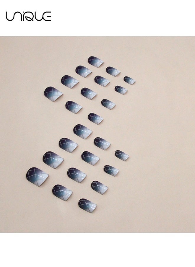24Pcs Fake Nails, Press Nails, Short Aurora Manicure - Purple & Blue Plaid Nail Art - Fake Nail Patch