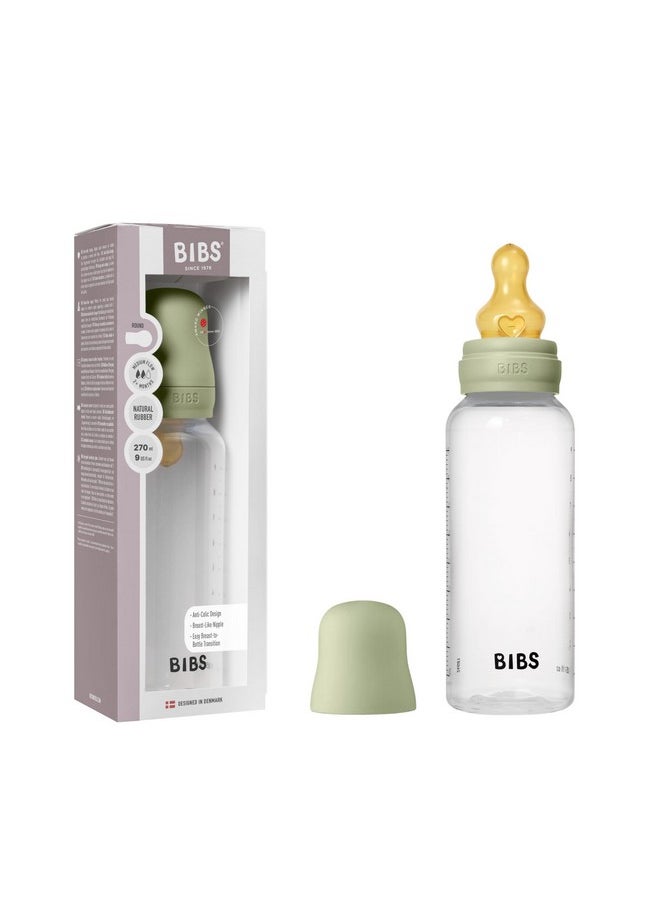BIBS Baby Bottle 9 oz / 270 ml Natural Rubber Latex Nipple - Anti-Colic, BPA-Free, Round Nipple, Medium Flow, Lightweight & Easy to Clean, Suitable for Newborns 0+ Years - Sage