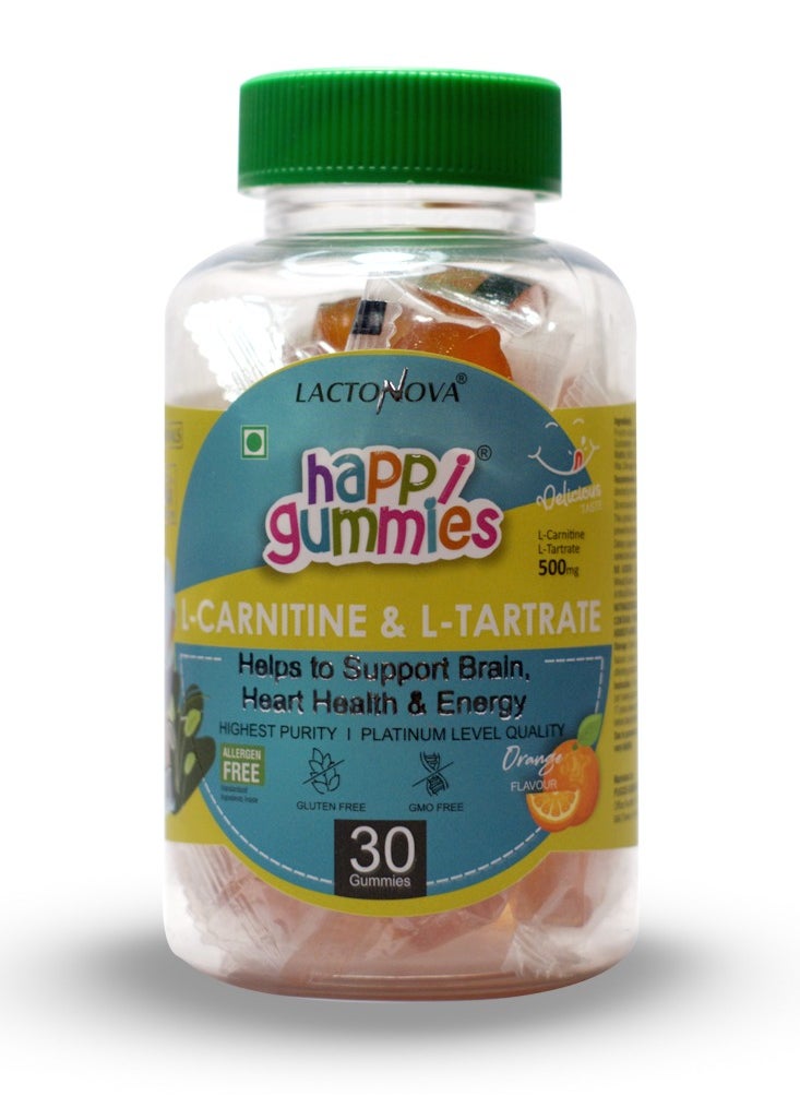 Happi Gummies L-Carnitine & L-Tartrate – Fat Metabolism, Energy Boost, Heart & Brain Health – No Sugar – Orange Flavor – 30 Gummies for Muscle Recovery & Performance