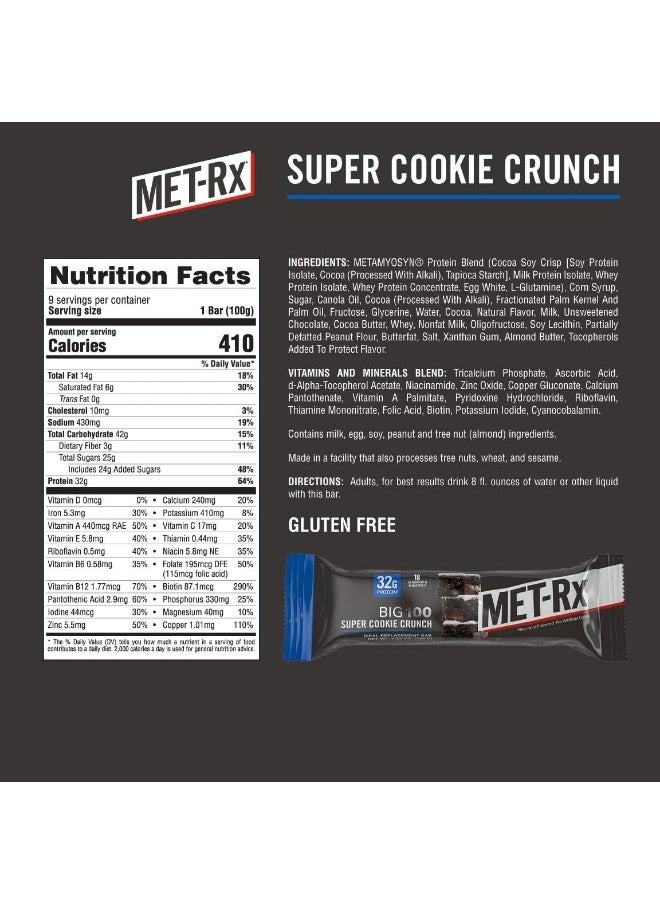 Big 100 Protein Bar, Meal Replacement Bar, 32G Protein, Super Cookie Crunch, 3.52 Oz Pack Of 9