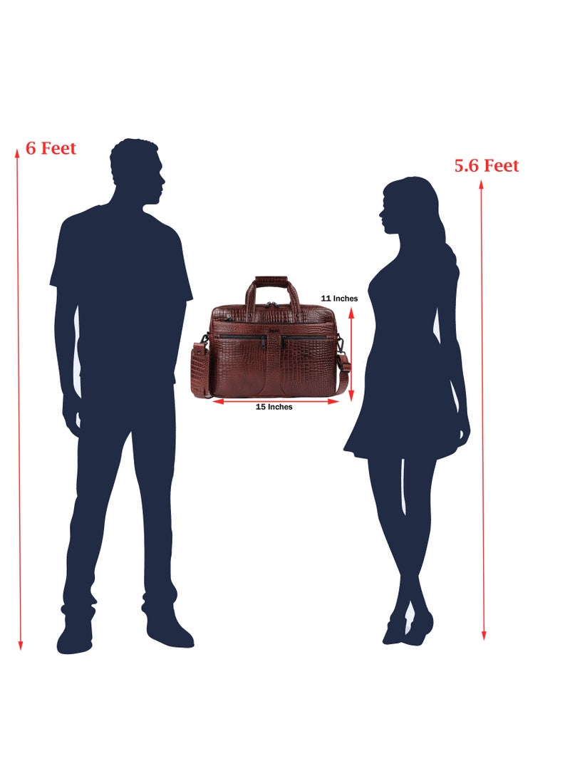 LAVERI® Genuine Leather Office Bag for Men, 15.6 Inch Laptop Bag, CrossBody Messenger Bag Adjustable Strap, Multiple Compartments, VIP Quality, 1 Year Warranty #2816 (BrownCroco VIP)