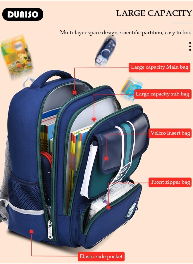 Oxford Cloth School Kids Backpack Schoolbags,Multi-layer Waterproof Large Capacity with Reflective Strips Adjustable Shoulder Straps and Bottle Side Pockets ,British Style School Book Bag for Aged 9-11,Perfect Size for School Travel