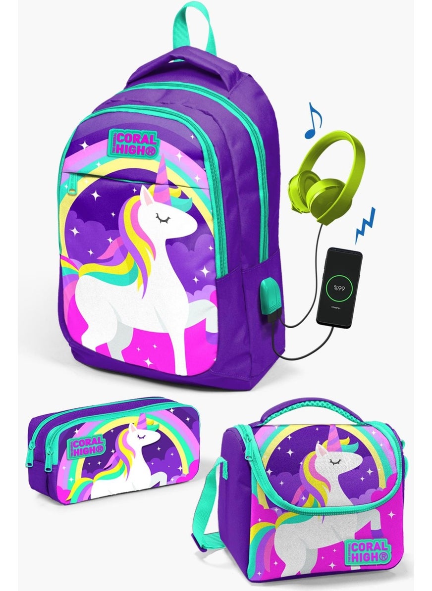 Kids Purple Water Green Unicorn Patterned 3-Piece School Bag Set with USB SET0123415