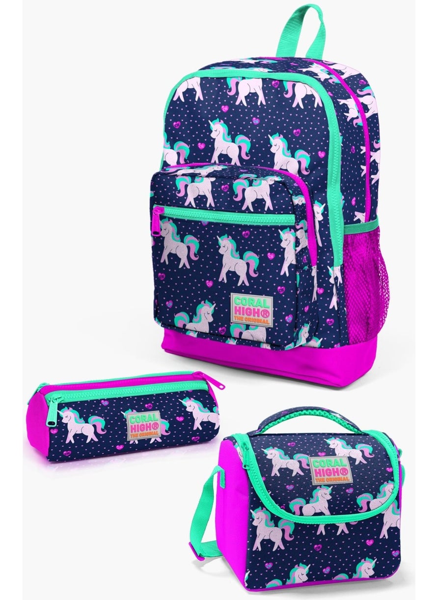 Kids Navy Blue Pink Unicorn Patterned 3-Piece School Bag Set SET0123467
