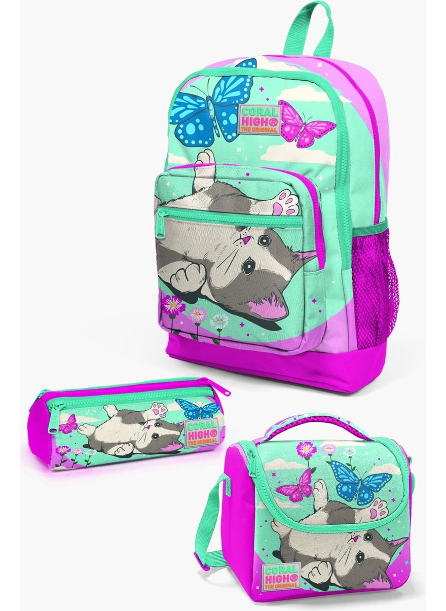 Kids Water Green Pink Cat Patterned 3-Piece School Bag Set SET0123707