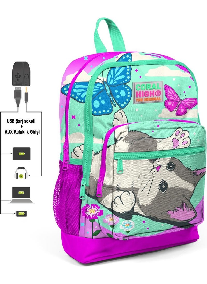 Kids Water Green Pink Cat Pattern School Backpack with USB Charging Headphone Outlet 23807