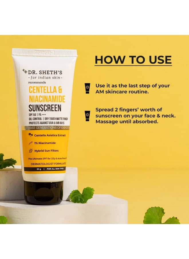 Centella & Niacinamide Sunscreen SPF 50 PA+++ | For Oily & Acne-Prone Skin | Sweat Proof & Water-Resistant | Dry Touch Matte Finish | Controls Excess Oil | Protects Against UVA & UVB Rays | For Men & Women | 50 g