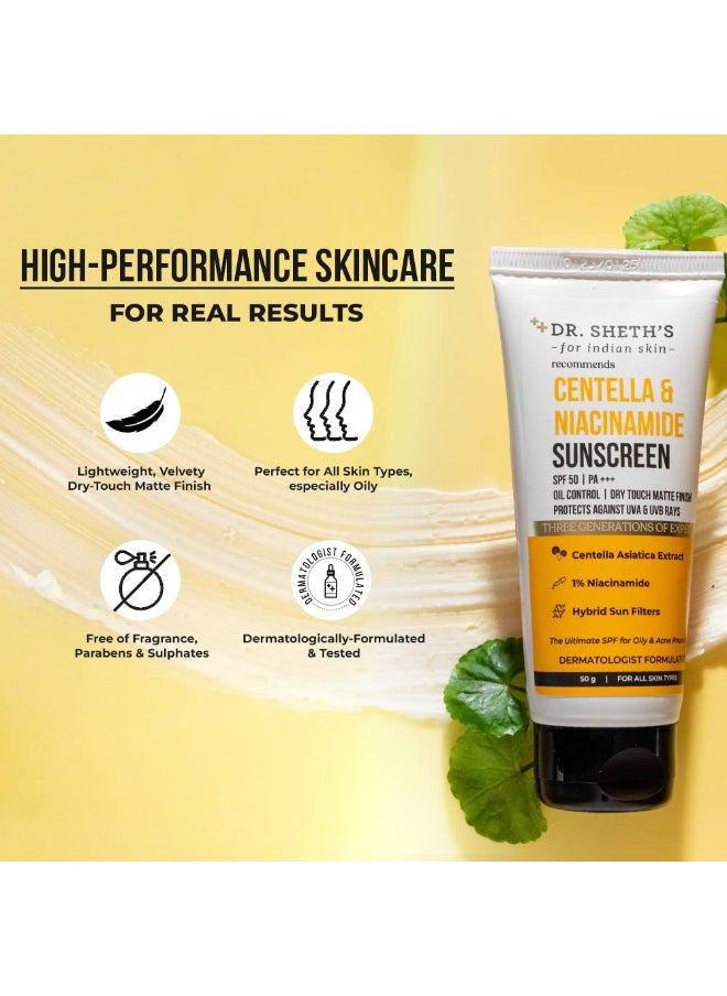 Centella & Niacinamide Sunscreen SPF 50 PA+++ | For Oily & Acne-Prone Skin | Sweat Proof & Water-Resistant | Dry Touch Matte Finish | Controls Excess Oil | Protects Against UVA & UVB Rays | For Men & Women | 50 g