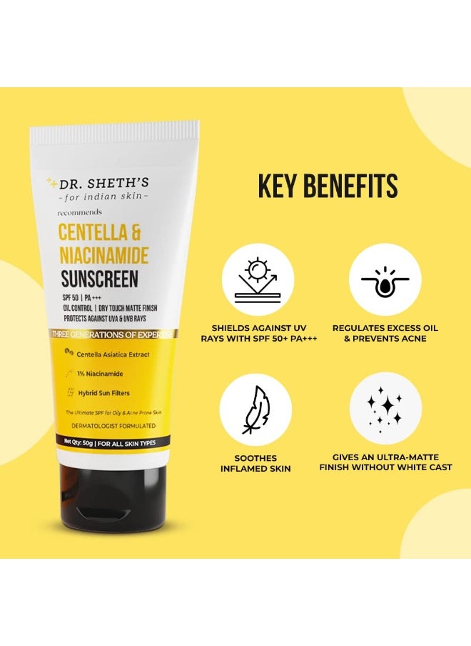 Centella & Niacinamide Sunscreen SPF 50 PA+++ | For Oily & Acne-Prone Skin | Sweat Proof & Water-Resistant | Dry Touch Matte Finish | Controls Excess Oil | Protects Against UVA & UVB Rays | For Men & Women | 50 g