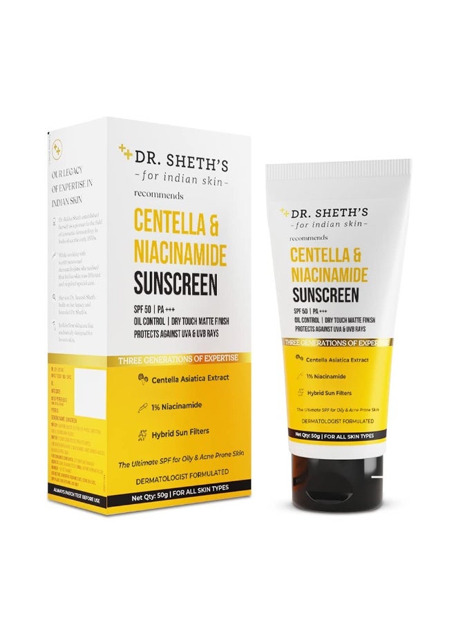 Centella & Niacinamide Sunscreen SPF 50 PA+++ | For Oily & Acne-Prone Skin | Sweat Proof & Water-Resistant | Dry Touch Matte Finish | Controls Excess Oil | Protects Against UVA & UVB Rays | For Men & Women | 50 g