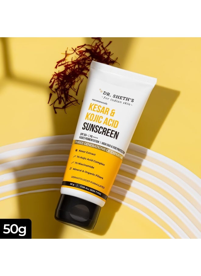 Kesar & Kojic Acid Sunscreen with SPF 50 Pa++++ | For Pigmentation-Free Skin | No White Cast & Light Weight | For Daily Moisturization | For All Skin Types | 50 g