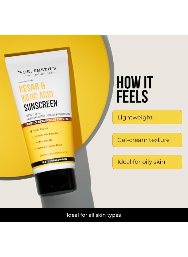 Kesar & Kojic Acid Sunscreen with SPF 50 Pa++++ | For Pigmentation-Free Skin | No White Cast & Light Weight | For Daily Moisturization | For All Skin Types | 50 g