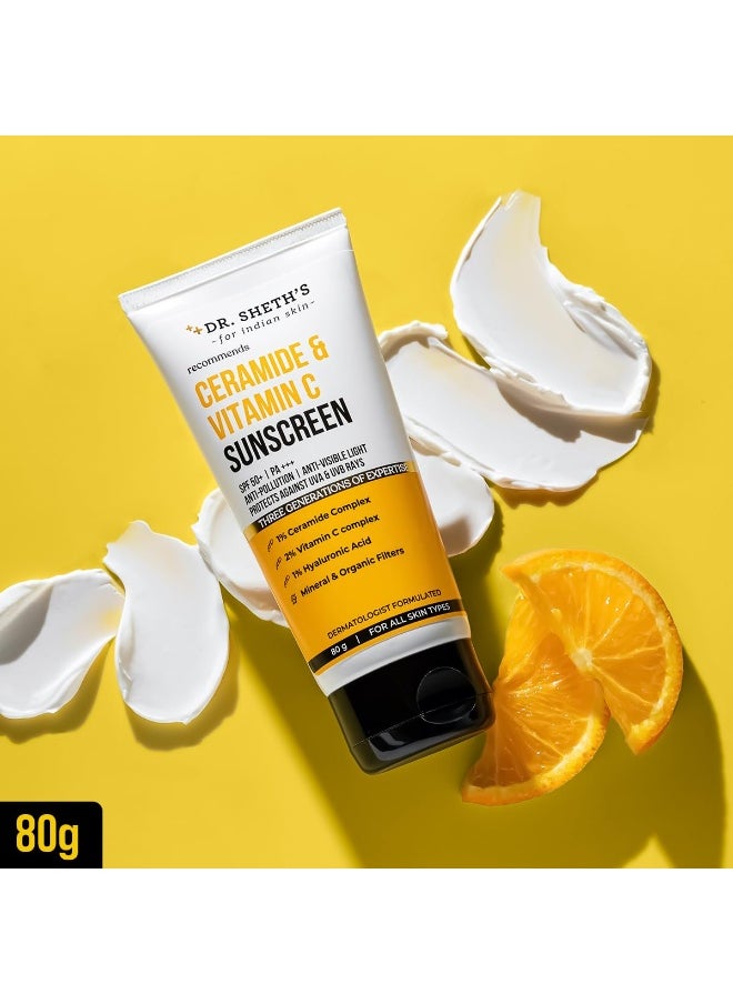 Ceramide & Vitamin C Sunscreen | SPF 50+ Pa+++ | In-Vivo Tested | For Bright Skin & Healthy Glow | Non-Greasy, Quick-Absorbing, No White Cast | UVA/B & Bluelight Protection | For Men & Women | For All Skin Type | 80 g