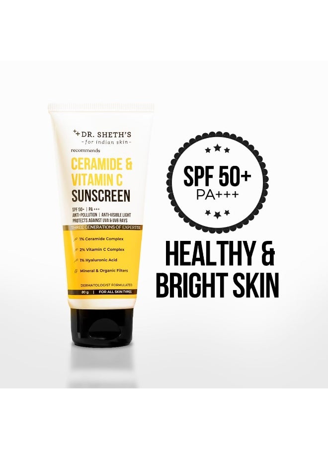 Ceramide & Vitamin C Sunscreen | SPF 50+ Pa+++ | In-Vivo Tested | For Bright Skin & Healthy Glow | Non-Greasy, Quick-Absorbing, No White Cast | UVA/B & Bluelight Protection | For Men & Women | For All Skin Type | 80 g
