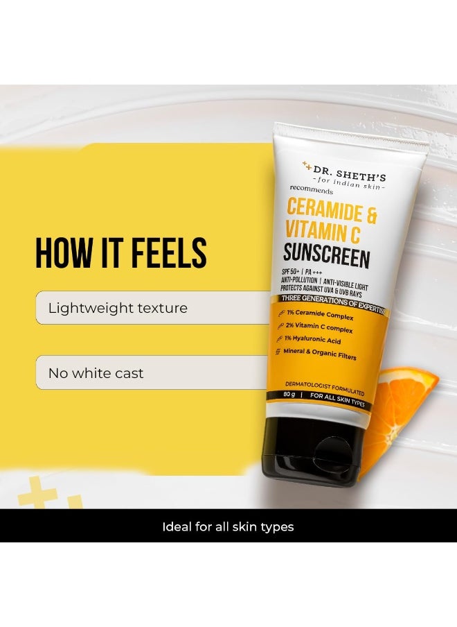 Ceramide & Vitamin C Sunscreen | SPF 50+ Pa+++ | In-Vivo Tested | For Bright Skin & Healthy Glow | Non-Greasy, Quick-Absorbing, No White Cast | UVA/B & Bluelight Protection | For Men & Women | For All Skin Type | 80 g