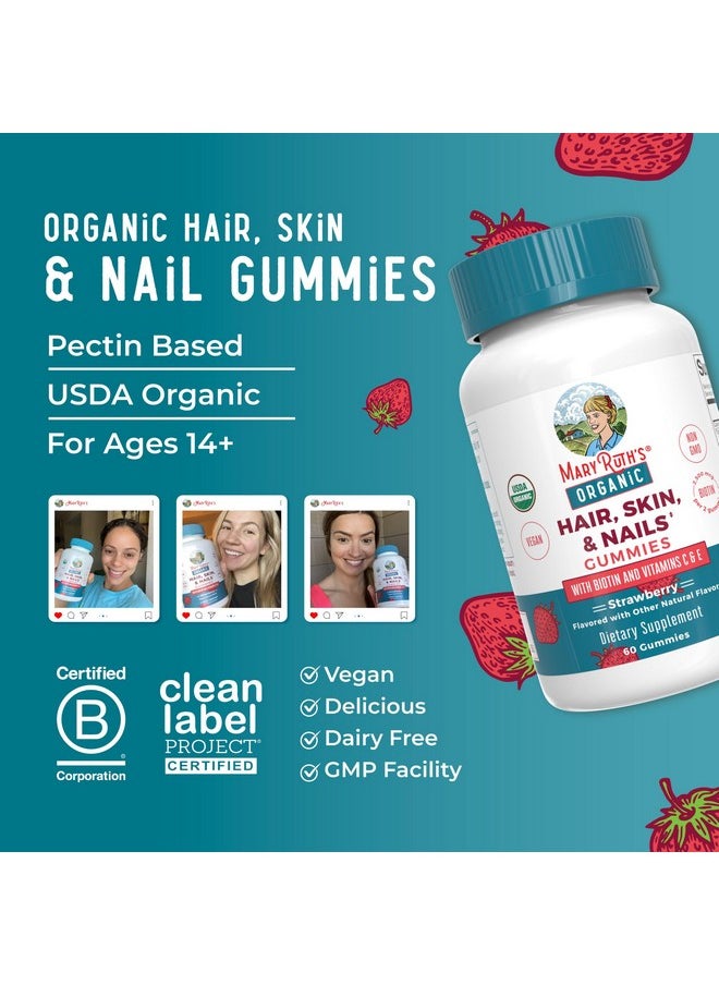 MaryRuth Organics Hair | Skin | and Nails Vitamins | Biotin Gummies with Vitamin C & Vitamin E | Hair Growth Vitamins | Skin Care | Nail Strength | USDA Organic Gummies for Ages 14+ | 60 Count