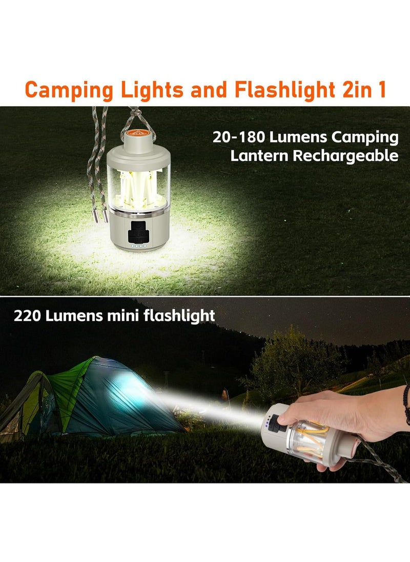 Camping Lantern Rechargeable, LED Camping Light with Flashlight, 4 Light Modes, Long Press for Stepless Dimming, Portable Tent Lantern for Power Outage, Household, Camping, Emergency