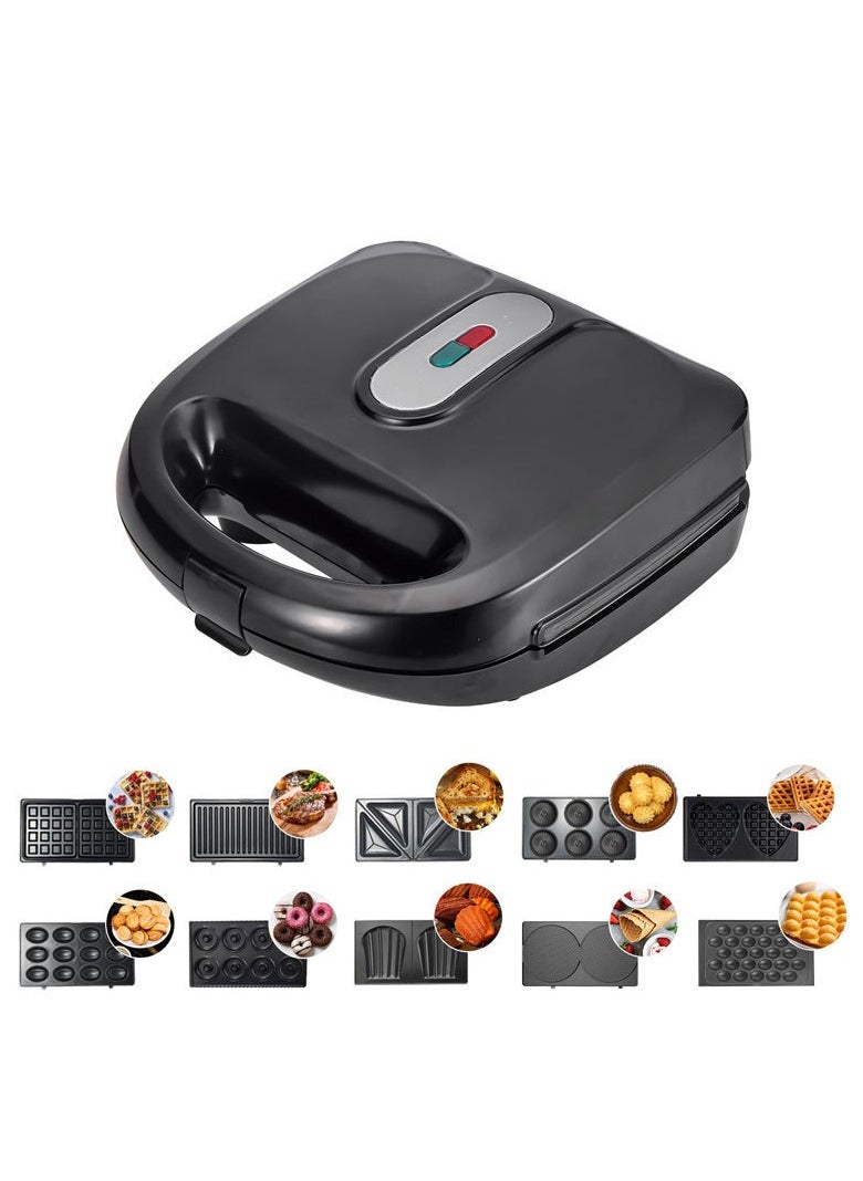 10-in-1 Detachable Sandwich & Breakfast Maker for Cake, Nuts, Donuts & Waffles – 750W Dual-Sided Heating, Non-Stick Coating, LED Indicator & Ergonomic ABS Handle
