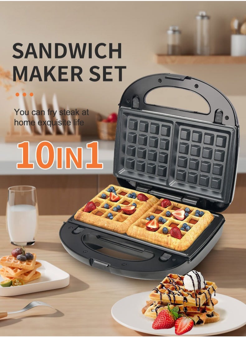 10-in-1 Detachable Sandwich & Breakfast Maker for Cake, Nuts, Donuts & Waffles – 750W Dual-Sided Heating, Non-Stick Coating, LED Indicator & Ergonomic ABS Handle