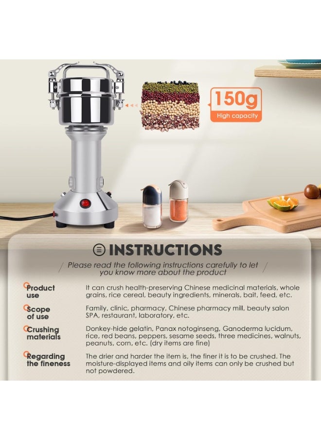 Electric Grain Mill, 150 g, Stainless Steel, Fast Superfine Mill, Grain Mill, Dry Herb Grain Grinder with Overload Protection for Herbs, Spices, Nuts, Cereals, Herb Powder Machine