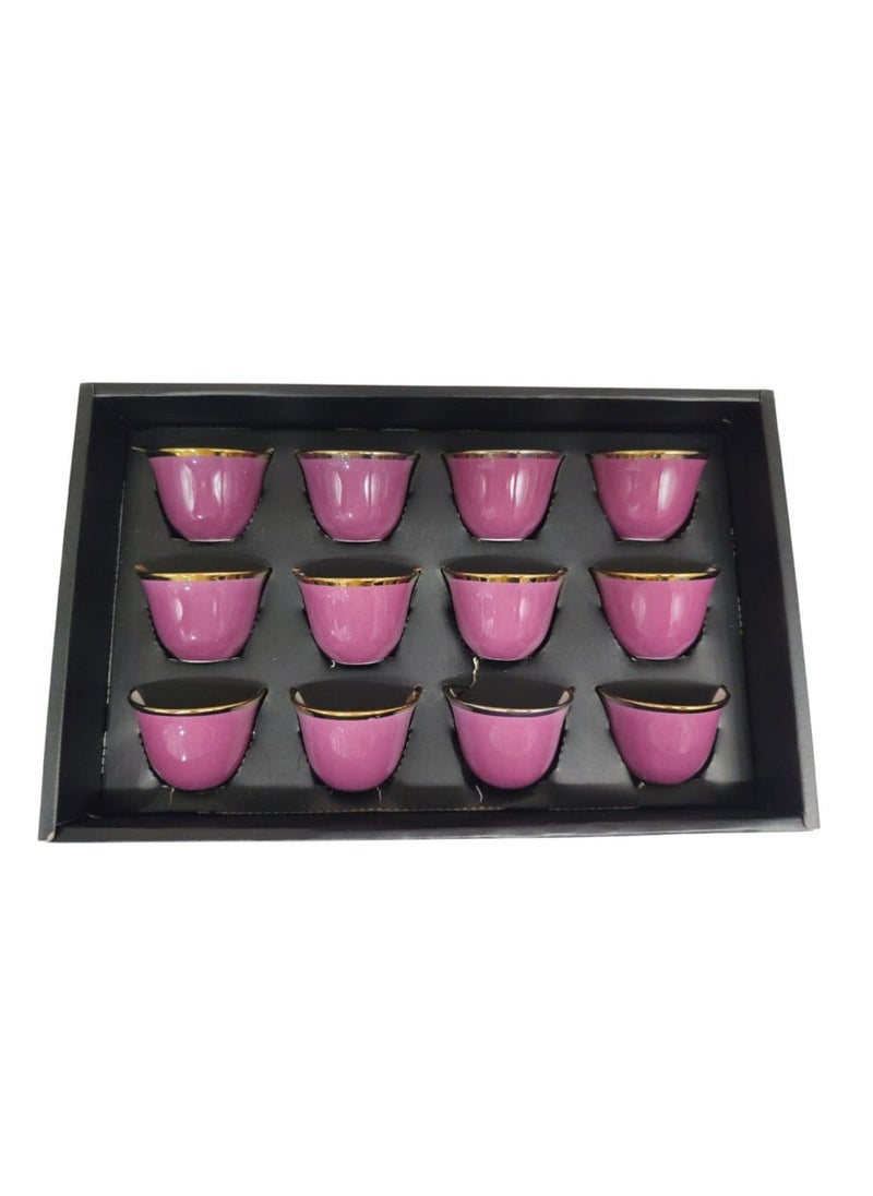 Ameco Ceramic Cawa Cups 12Pcs Coffee Cup Elegant Design espresso Cup Dishwasher Safe-80ML-(Pink&Gold)