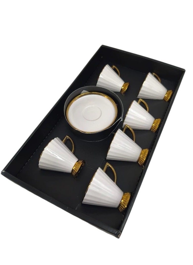Ameco Ceramic Cup and Saucer 12Pcs Set 6 Cups With 6 Saucers-90ML-White&Gold