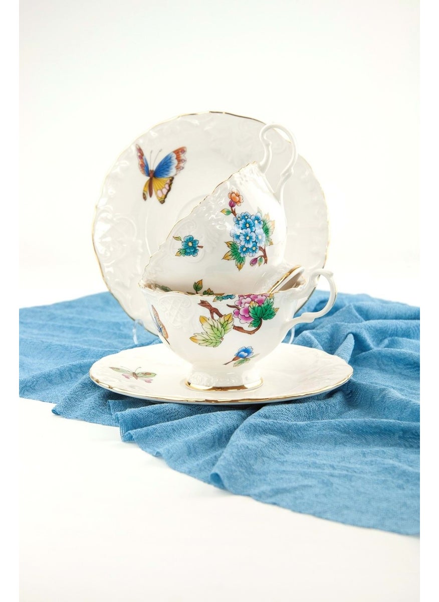 Bursa Porcelain Decor Colorful Flower Bouquet Gold Gilded Bone Tea Cup Set for 2 People