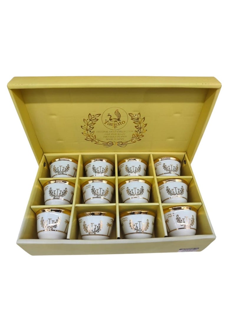 Yamato Ceramic Cawa Cup for Tea Coffee Perfect for Home Office Coffee Shops Set of 12Pcs(80ML)-White&Gold