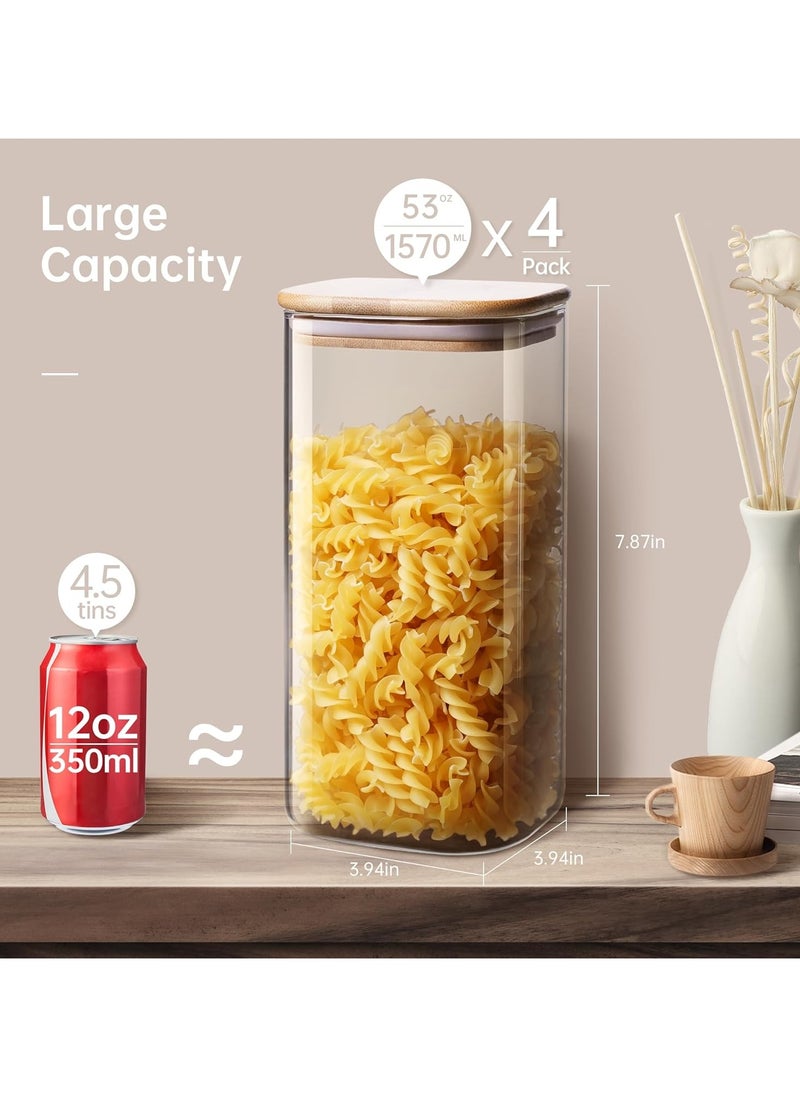 Square Glass Jars with Bamboo Lids 53 FL OZ [Set of 4], Glass Canisters with Airtight Lid, Glass Food Storage Containers for Pasta, Cereal, Coffee, Flour, Sugar, Best for Kitchen & Pantry