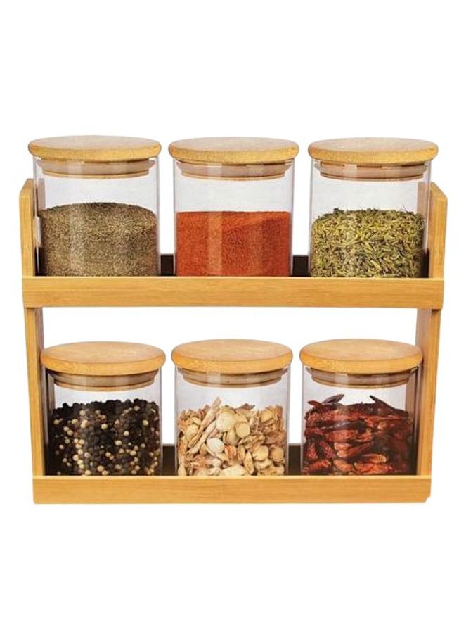 6 Glass Spice Jars with Lids and 2-Tier Wooden Rack – Herb & Spice Organizer Set for Kitchen Counter or Cabinet, Refillable Storage Bottles with Labels for Salt, Pepper, Seasonings, and More