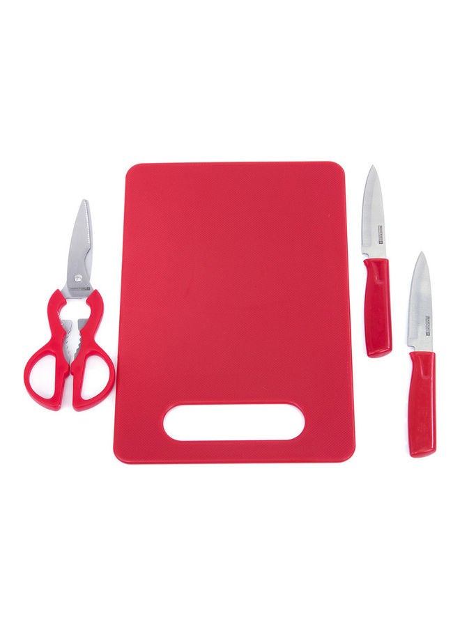 4Pieces Kitchen Gadget Set Multi Color - 2Pieces Knife 1Pieces Scissor 1Pieces Cutting Board Red