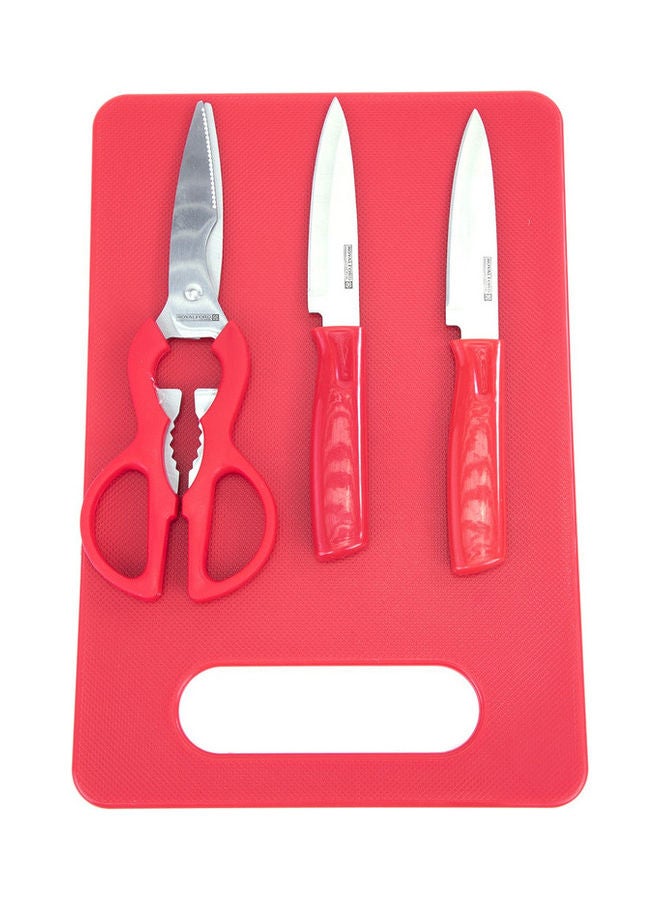 4Pieces Kitchen Gadget Set - 2Pieces Knife 1Pieces Scissor 1Pieces Cutting Board Red/Black