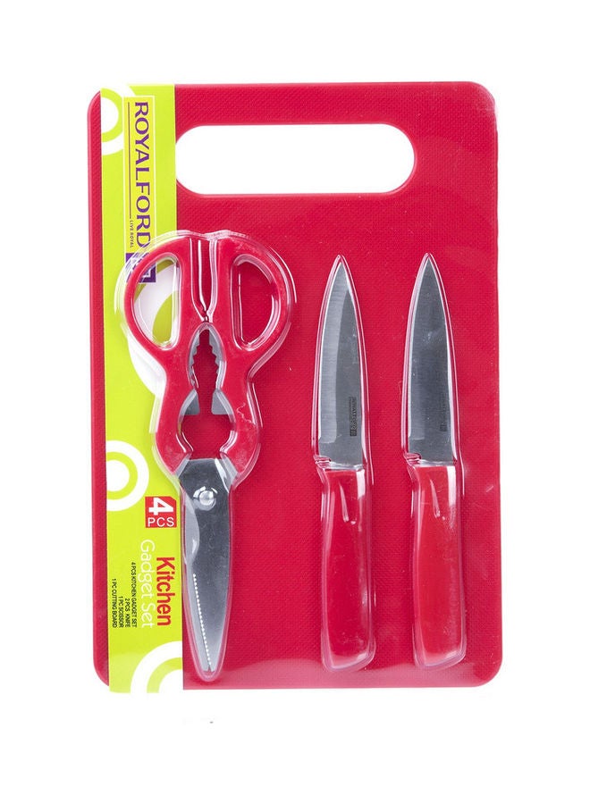 4Pieces Kitchen Gadget Set - 2Pieces Knife 1Pieces Scissor 1Pieces Cutting Board Red/Black