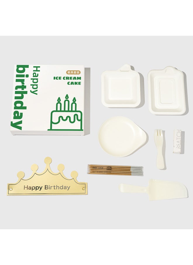 Birthday Cake Cutlery Plate Tableware Set Disposable Simple Plastic Water Drop Plate Candle Square Combination Plate-Color:Square Sugarcane Pulp Tray-Specifications:Ten Persons