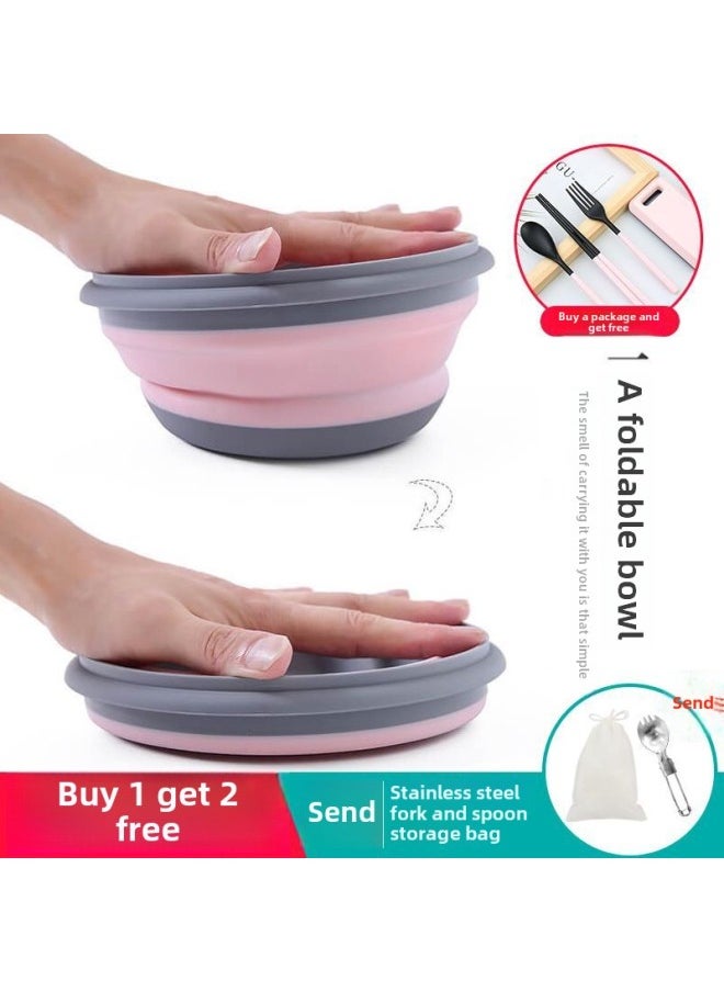 Folding Bowl Portable Retractable Japanese Outdoor Compression Travel Travel Wild Tableware Baby Picnic Drop-resistant Lunch Box-Color:Pink - Large Bowl, Free Stainless Steel Fork + Storage Bag