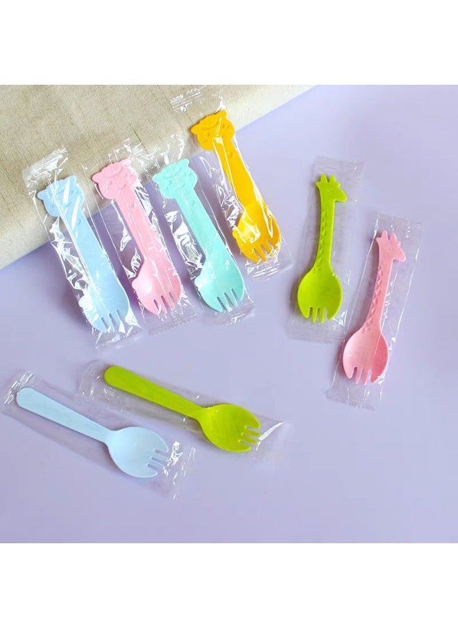 Plastic Disposable Spoon Fork Fruit Fork Cake Fork Dessert Spoon Ice Cream Spoon Individual Packaging-Color:Fawn Single Outfit ]